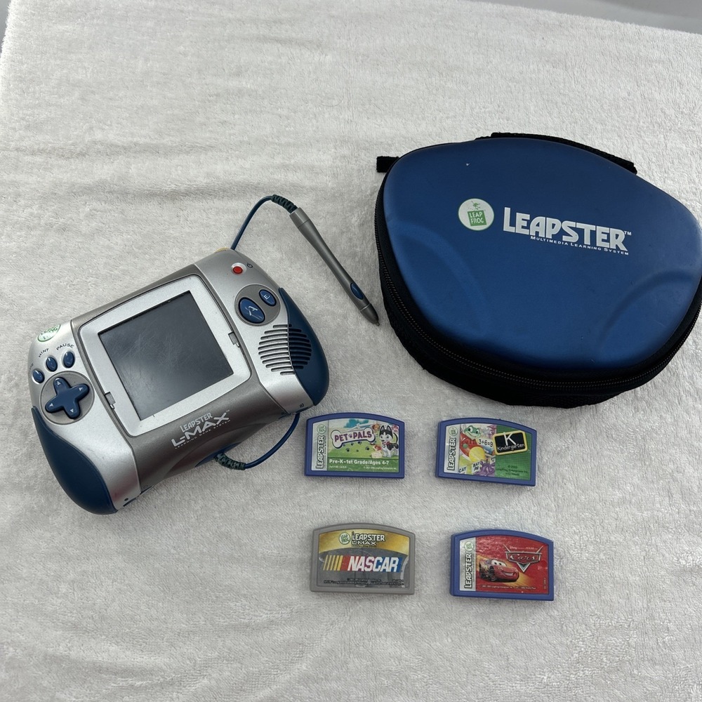 2005 LeapFrog Leapster w/Case & 4 Games - EVERYTHING IS UNTESTED NASCAR Cars Pet